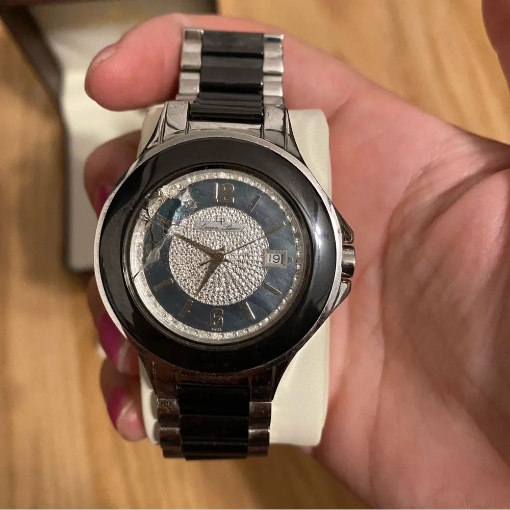 Lucien Piccard Silver Men's Watch W/ Diamonds GLASS IS BROKEN